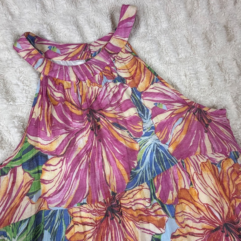 Mlle Gabrielle Pink Floral Halter Mini Dress Tiered Tropical Summer Sleeveless